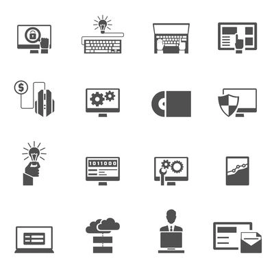 Program development webpage coding and software development icons black set isolated vector illustration