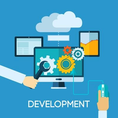 Programm development concept with flat human hand and computer icons vector illustration