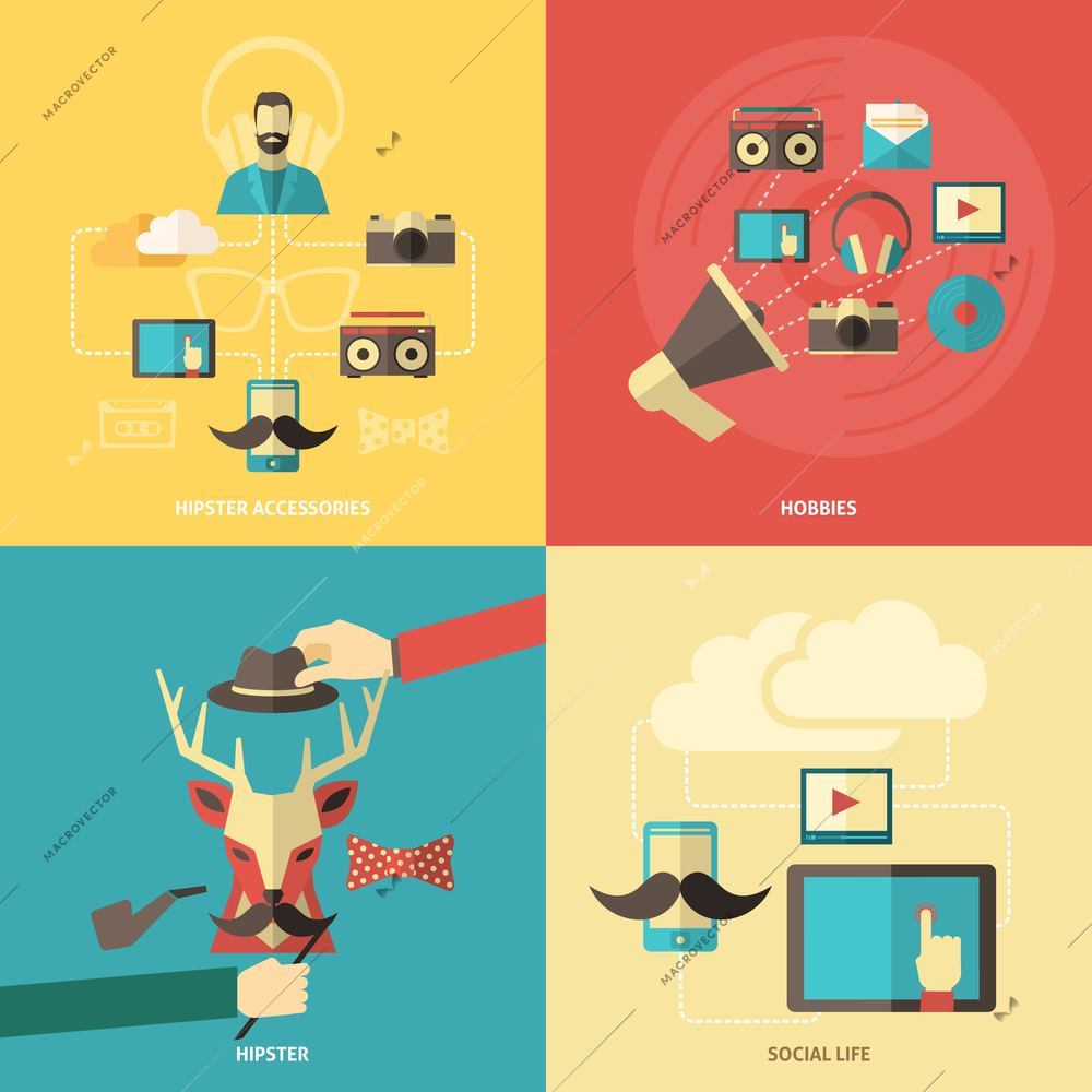 Hipster design concept set with hobbies and fashion accessories flat icons isolated vector illustration