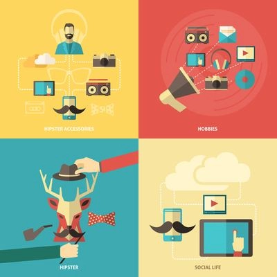 Hipster design concept set with hobbies and fashion accessories flat icons isolated vector illustration