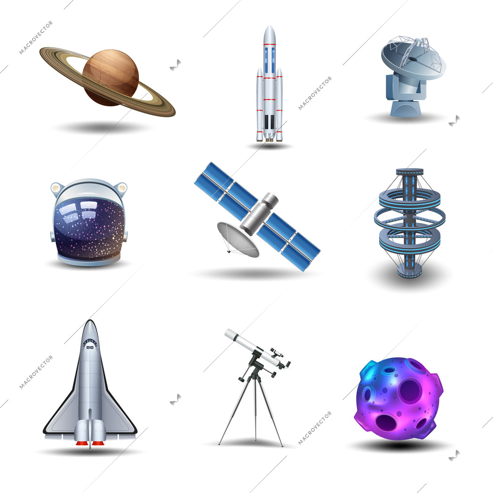 Space decorative icons set with asteroid spaceman helmet rocket isolated vector illustration