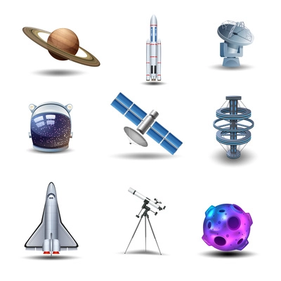 Space decorative icons set with asteroid spaceman helmet rocket isolated vector illustration