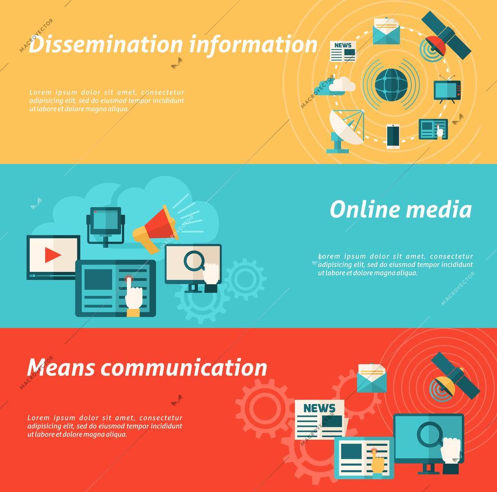 Media horizontal banner set with online communication and information elements isolated vector illustration