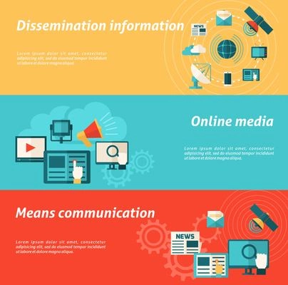 Media horizontal banner set with online communication and information elements isolated vector illustration