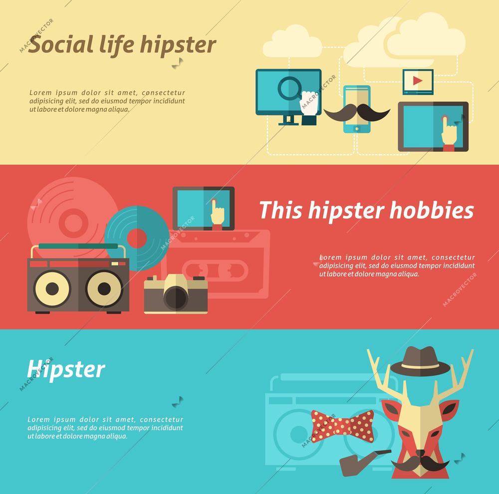 Hipster horizontal banner set with social life and hobbies elements isolated vector illustration