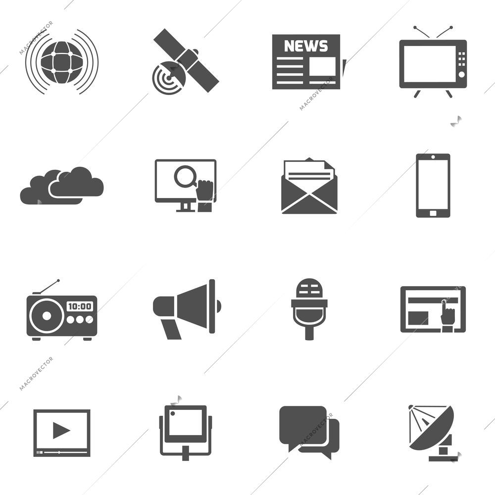 Media black icons set with megaphone newspaper satellite isolated vector illustration