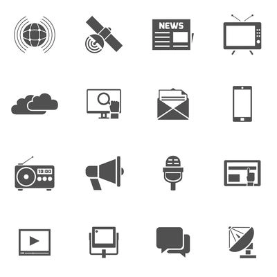 Media black icons set with megaphone newspaper satellite isolated vector illustration