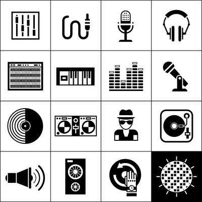 Dj disco music club party icons black set isolated vector illustration