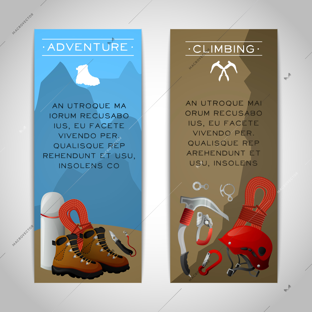 Rocky mountain peaks  climbing adventure 2 colorful vertical tourism and alpinism banners set abstract isolated vector illustrations