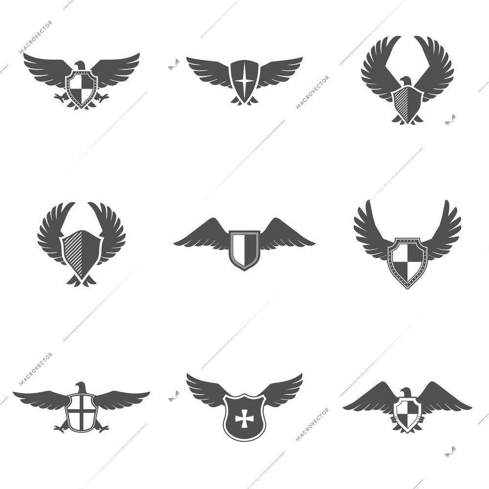 Grey eagle wings and feathers icons with shield set isolated vector illustration