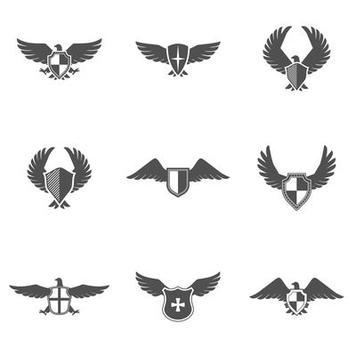 Grey eagle wings and feathers icons with shield set isolated vector illustration