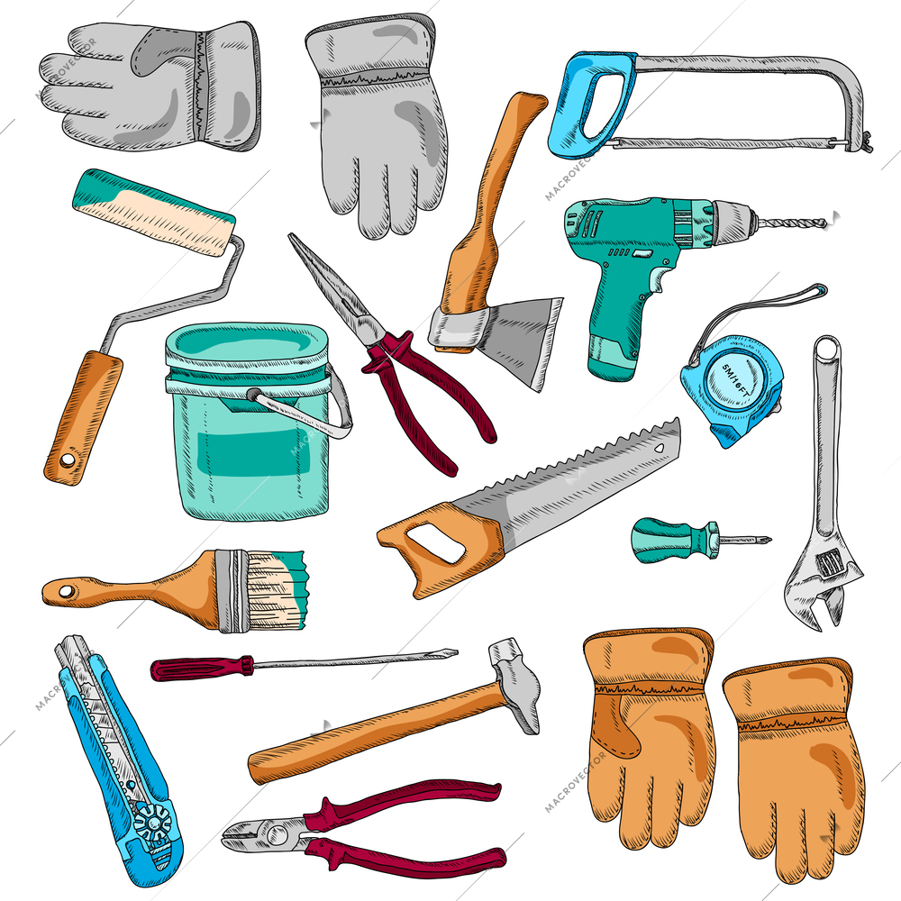 House renovating tools and instruments icons set with handsaw hammer and brush color  abstract vector isolated illustration