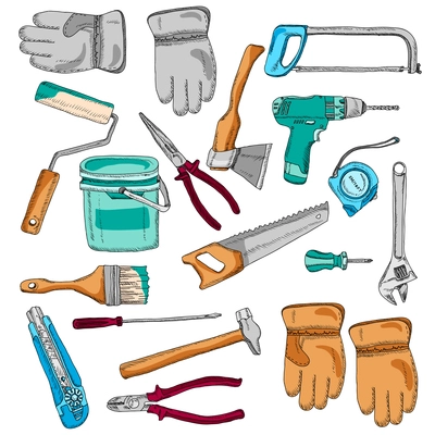 House renovating tools and instruments icons set with handsaw hammer and brush color  abstract vector isolated illustration