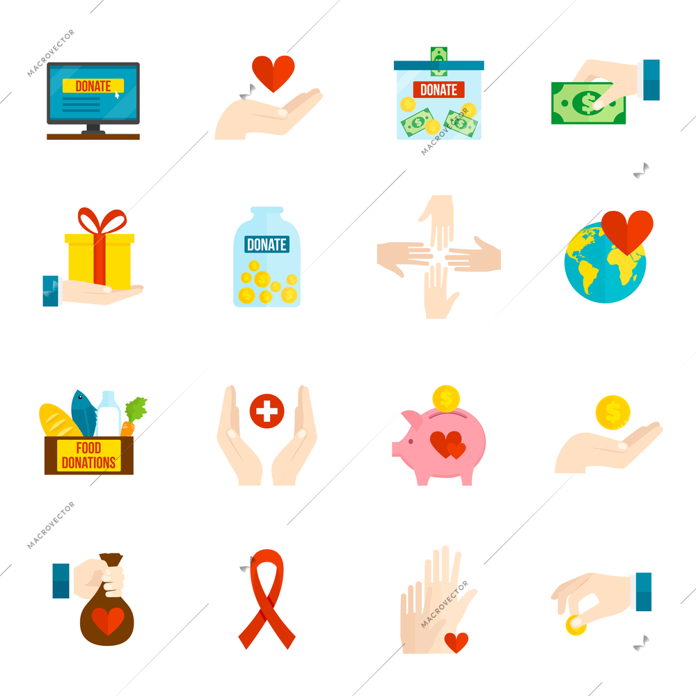 Charity and relief volunteer assistance icons flat set isolated vector illustration