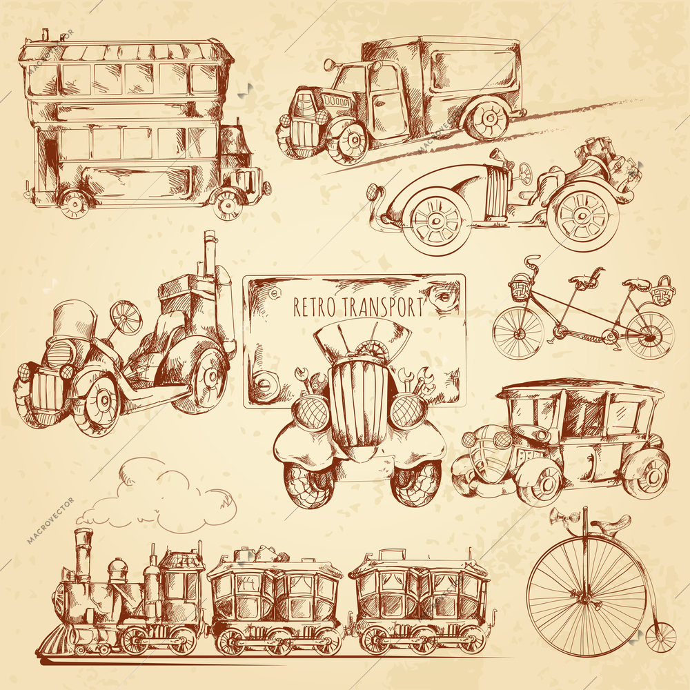 Vintage transport steampunk vehicles sketch decorative icons set isolated vector illustration