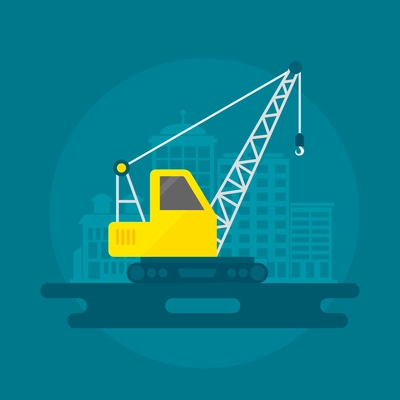 Lifting crane construction equipment with building on background flat icon vector illustration