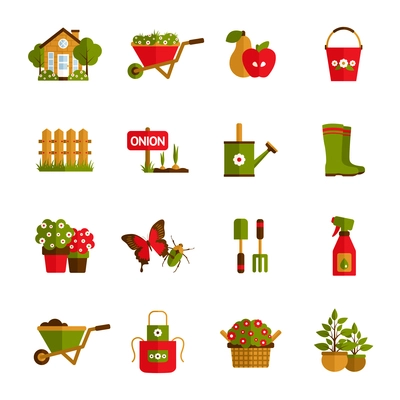 Gardening icons set with farm house wheelbarrow fruit harvest and water pot isolated vector illustration