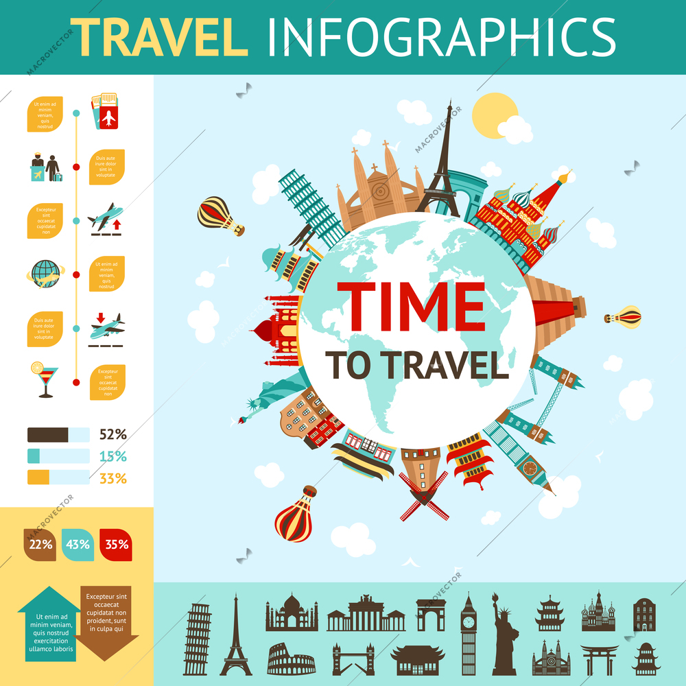 Travel infographics set with world famous landmarks and charts vector illustration