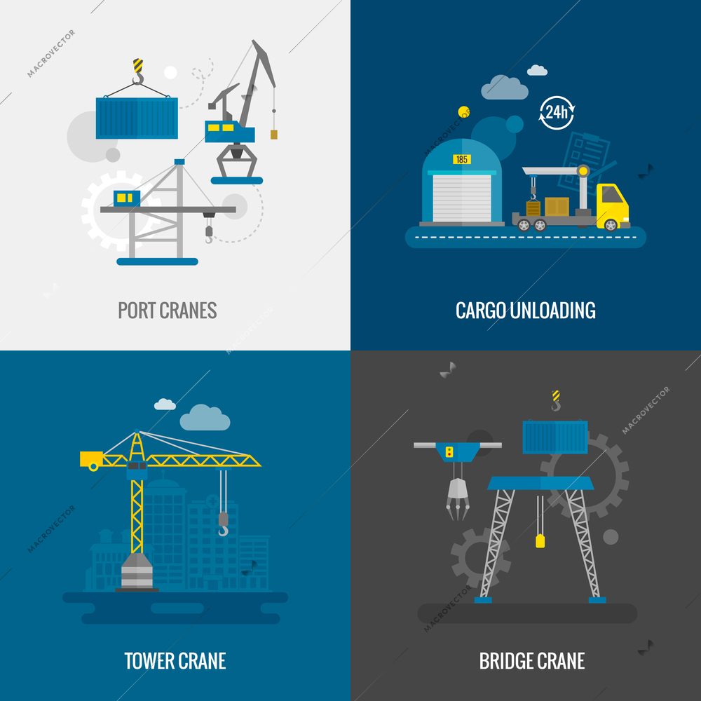 Lifting equipment design concept set with port tower bridge crane flat icons isolated vector illustration