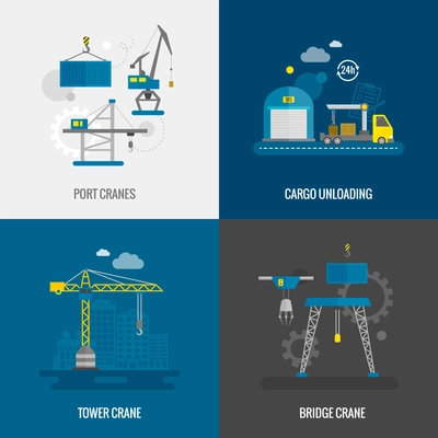 Lifting equipment design concept set with port tower bridge crane flat icons isolated vector illustration