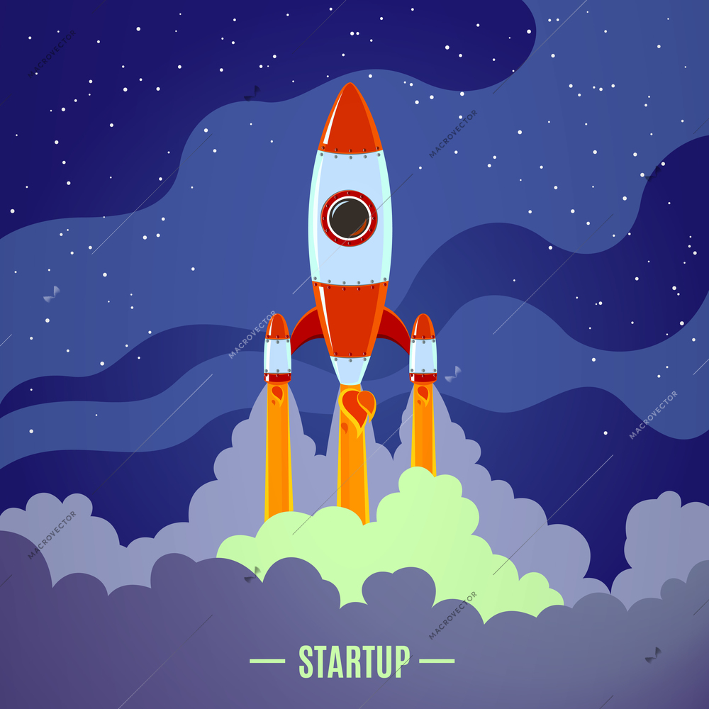 Startup concept with flat cartoon stylized rocket launch poster vector illustration