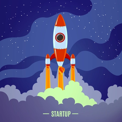 Startup concept with flat cartoon stylized rocket launch poster vector illustration