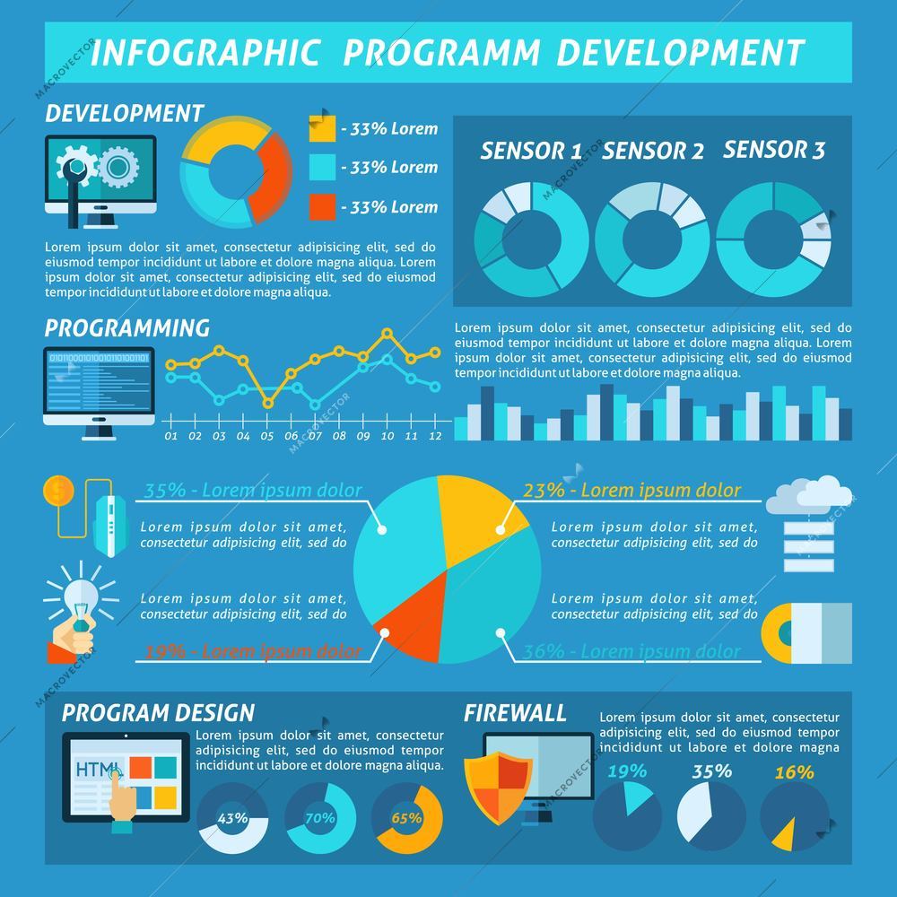 Program development infographics set with software coding responsive ui symbols and charts vector illustration