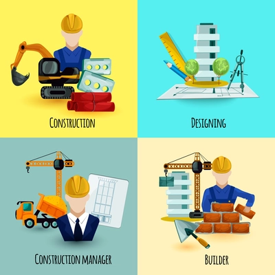 Architect design concept set with construction manager and builder icons isolated vector illustration
