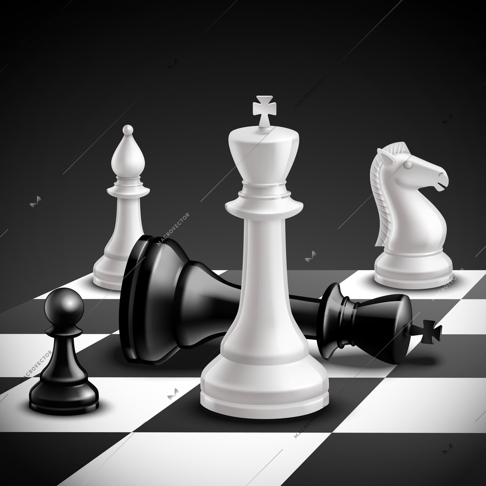 Chess game concept with realistic board and black and white pieces vector illustration