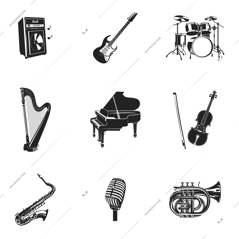 Musical instruments and equipment black decorative icons set isolated vector illustration