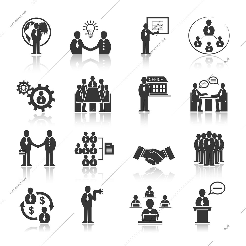 Business people meeting at office conference presentation icons set isolated vector illustration