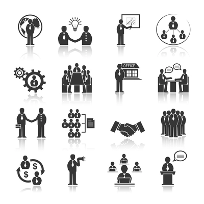 Business people meeting at office conference presentation icons set isolated vector illustration