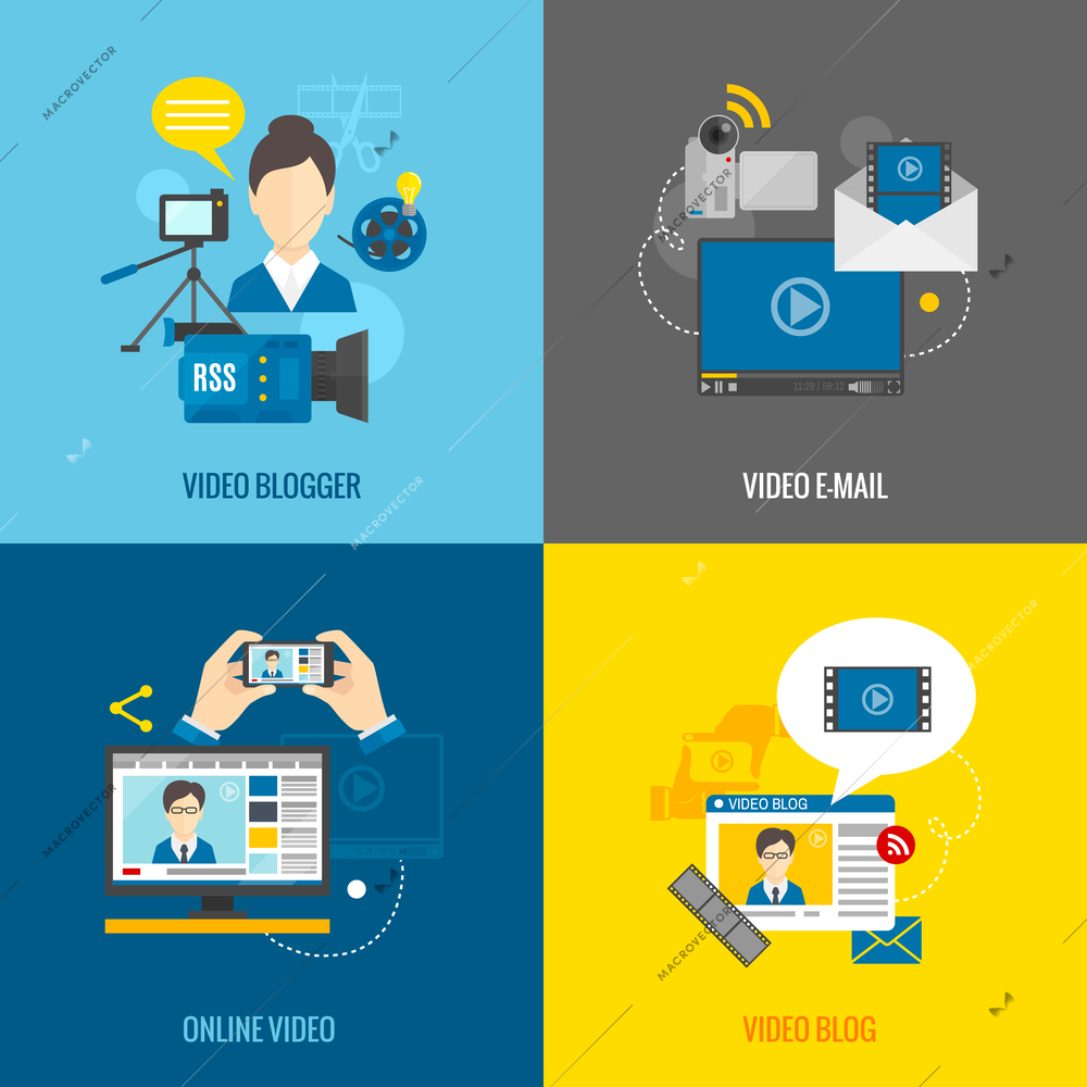 Online video blog design concept set with blogger media flat icons isolated isolated vector illustration
