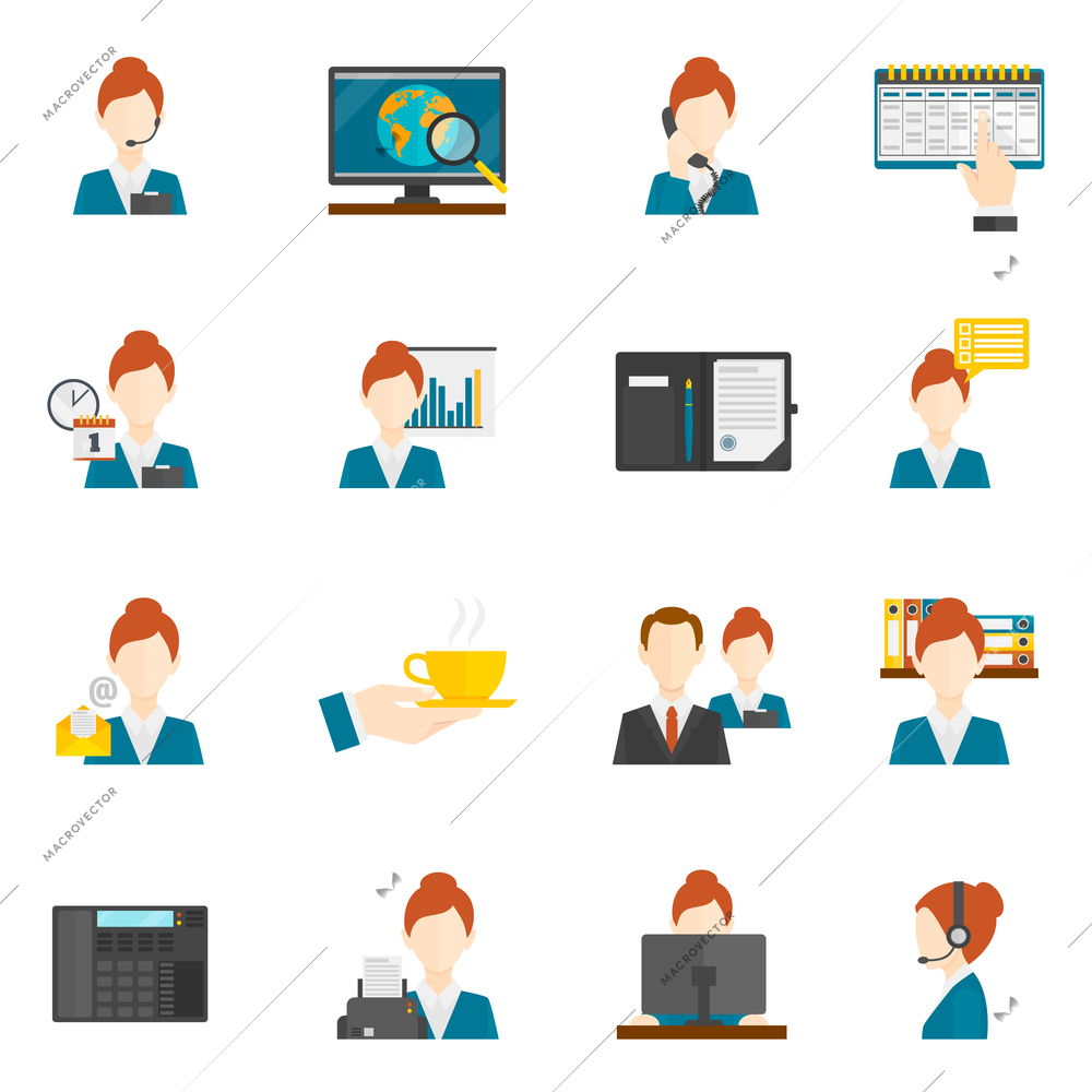 Personal assistant secretary and reception flat icons set isolated vector illustration