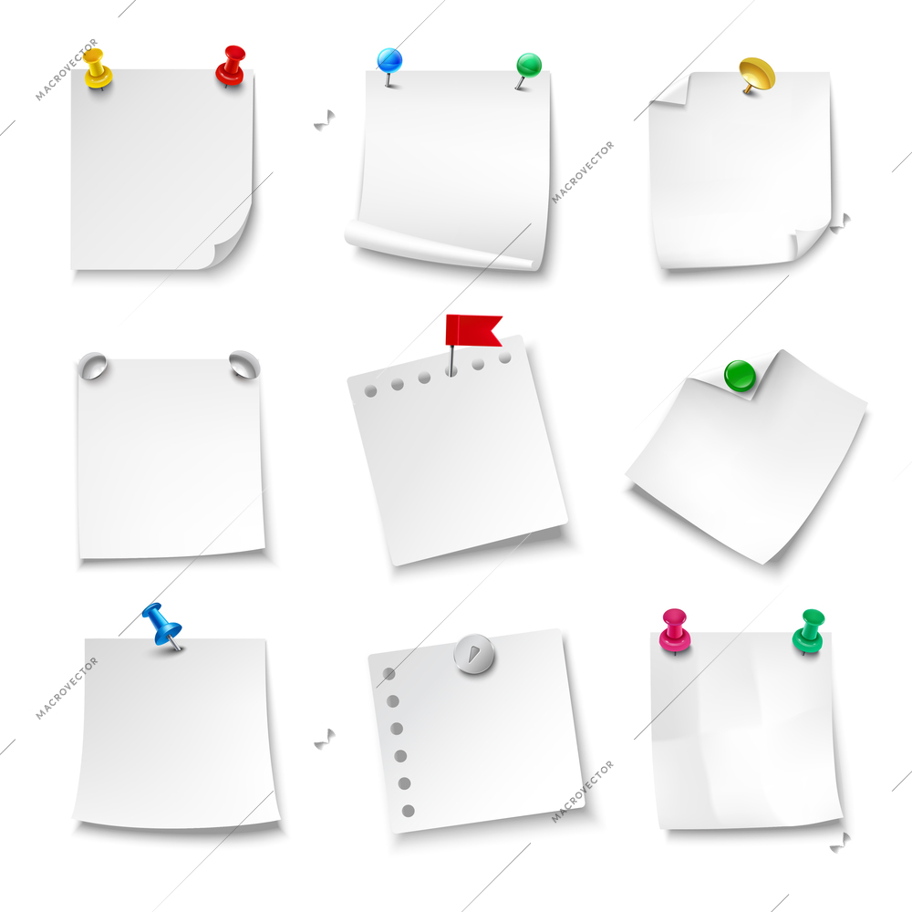 Blank note papers pinned with pushpins realistic set isolated vector illustration