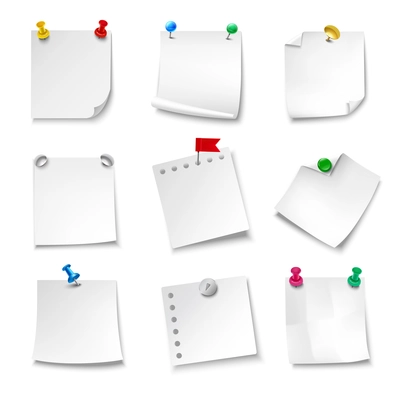 Blank note papers pinned with pushpins realistic set isolated vector illustration