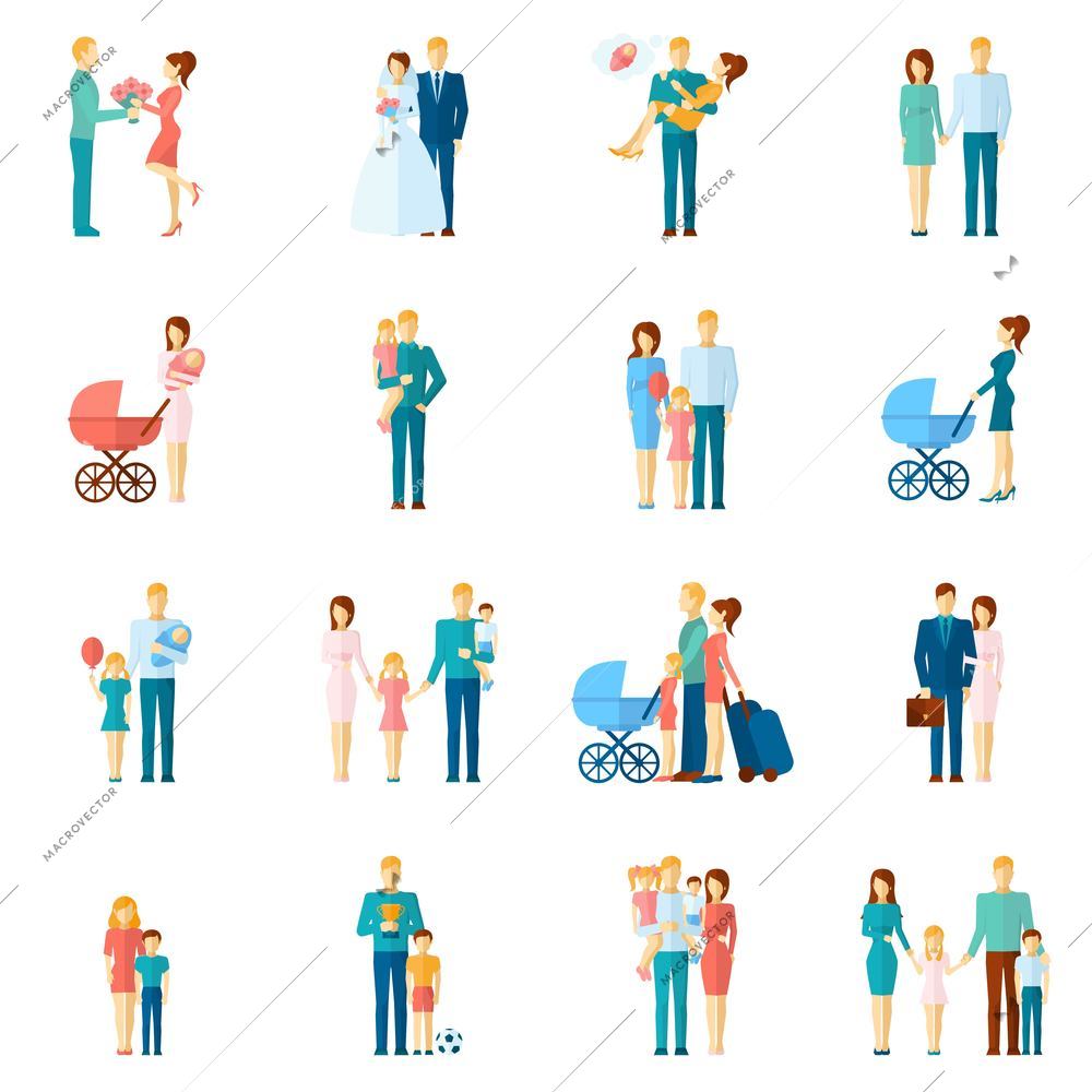 Family icons set with married couple people relationship symbols isolated vector illustration