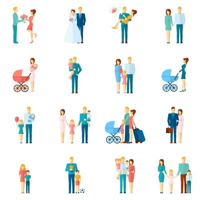 Family icons set with married couple people relationship symbols isolated vector illustration