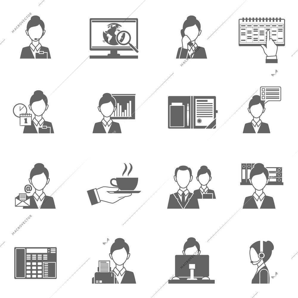 Personal assistant black icons set with secretary work symbols isolated vector illustration