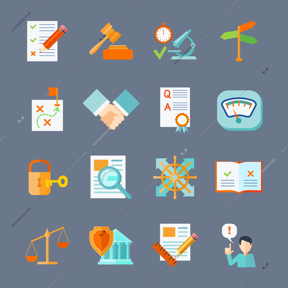 Legal compliance deal protection and copyright regulation flat icons set isolated vector illustration