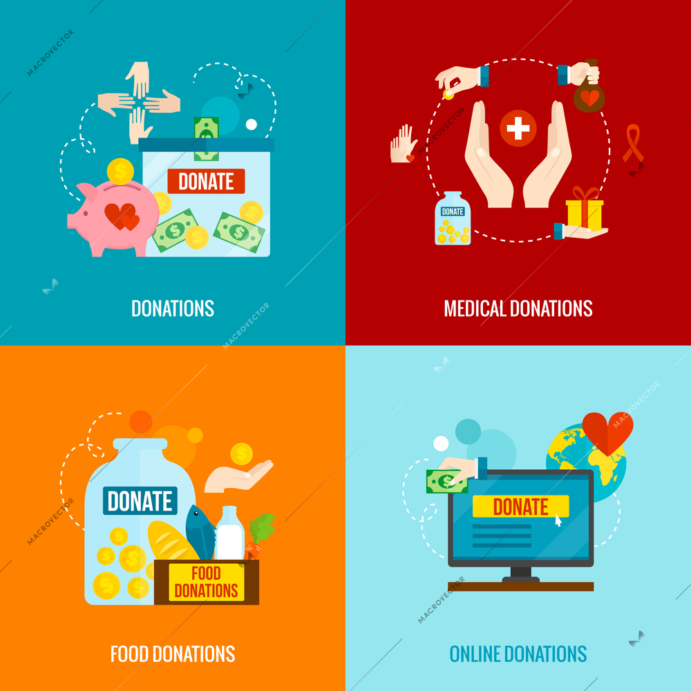 Charity design concept set with food and medical donations flat icons isolated vector illustration