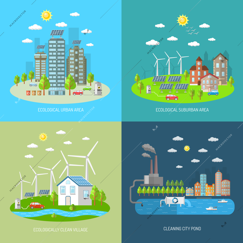 Eco city design concept set with ecologically urban suburban area clean village flat icons isolated vector illustration