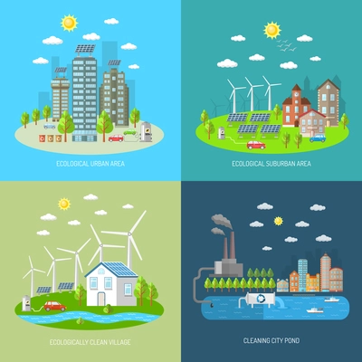 Eco city design concept set with ecologically urban suburban area clean village flat icons isolated vector illustration