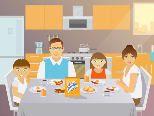 Pretty father mother son and daughter family eating breakfast indoors kitchen flat vector illustration