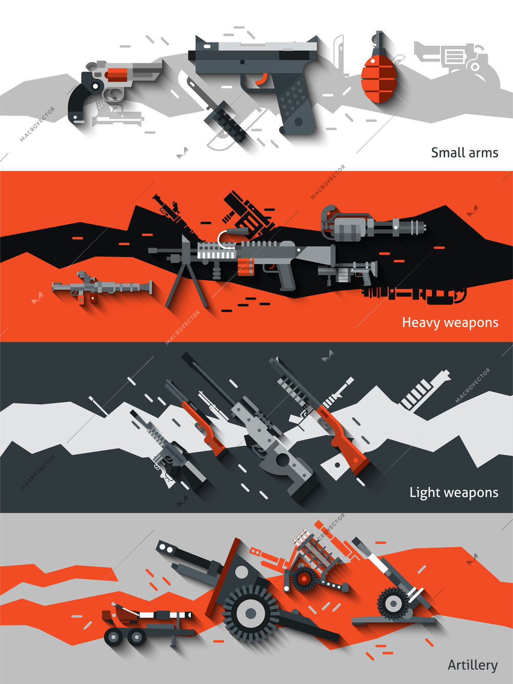 Weapon horizontal banners set with small arms heavy light artillery elements isolated vector illustration