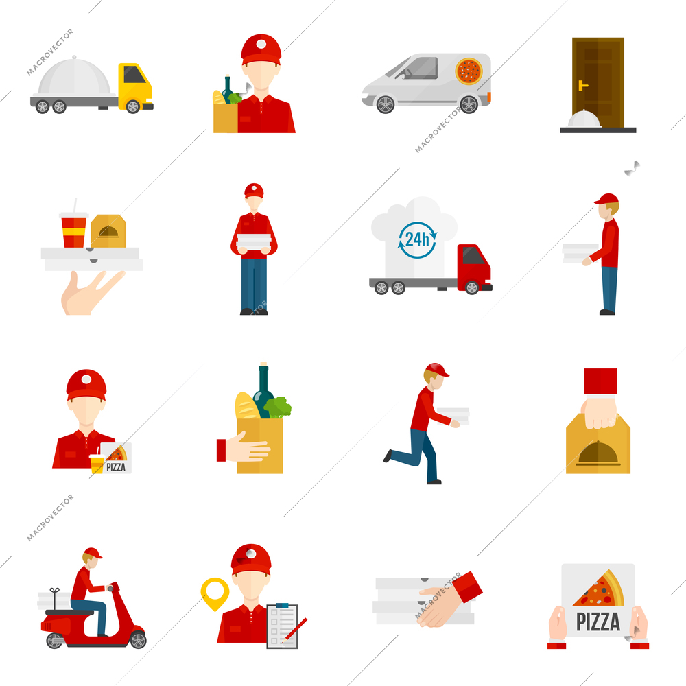 Food delivery by courier with truck minibus or scooter flat icons set isolated vector illustration