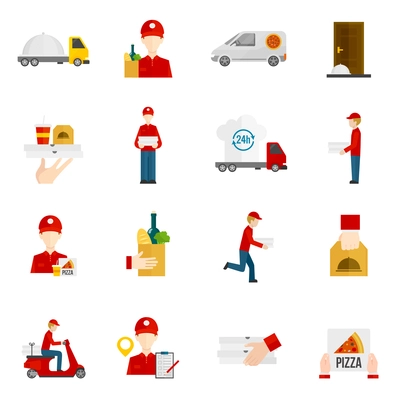 Food delivery by courier with truck minibus or scooter flat icons set isolated vector illustration