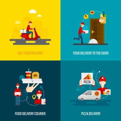 Food delivery fast to the door and by courier flat icons set isolated vector illustration