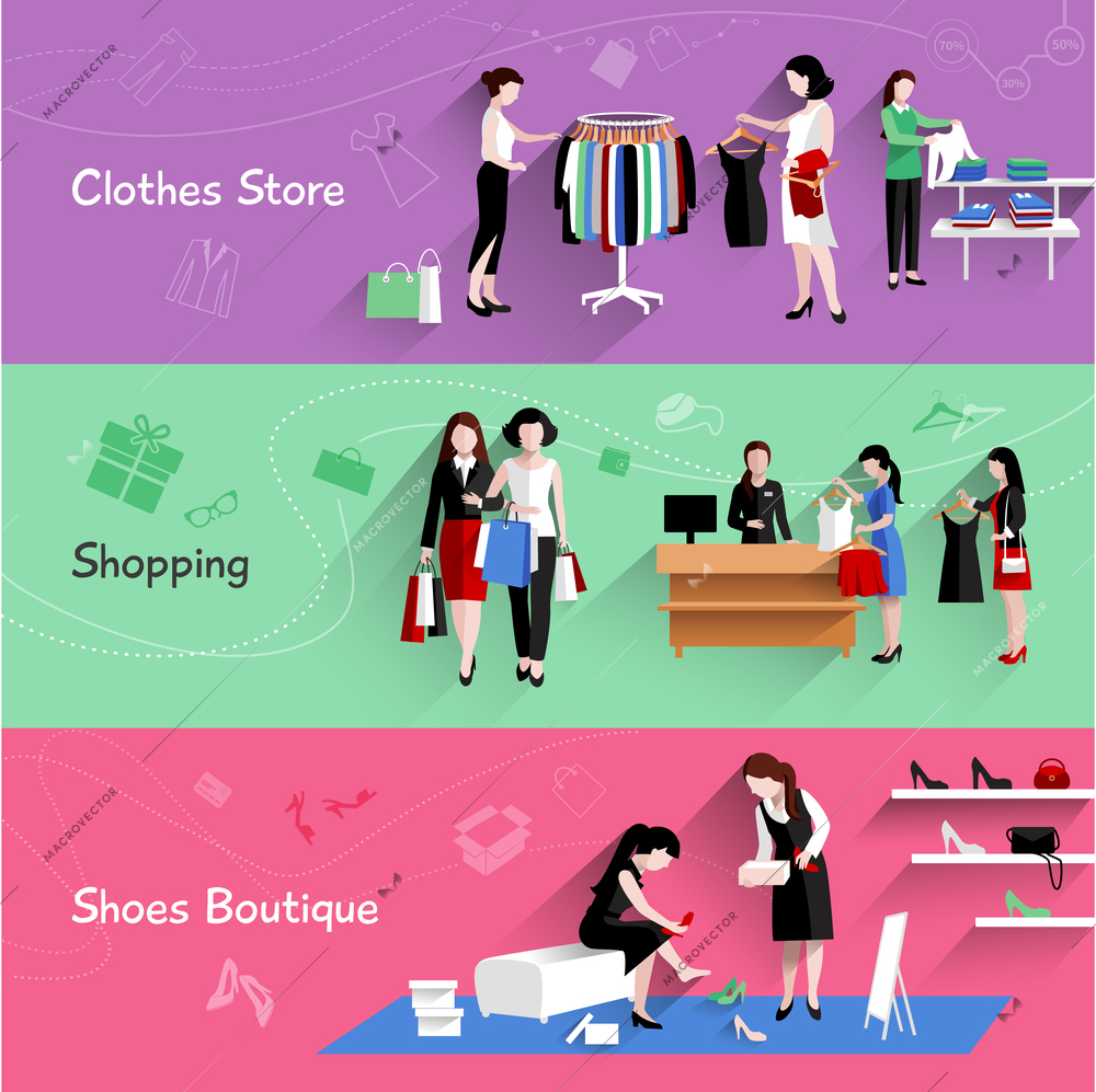 Woman shopping horizontal banner set with clothes and shoes store elements isolated vector illustration