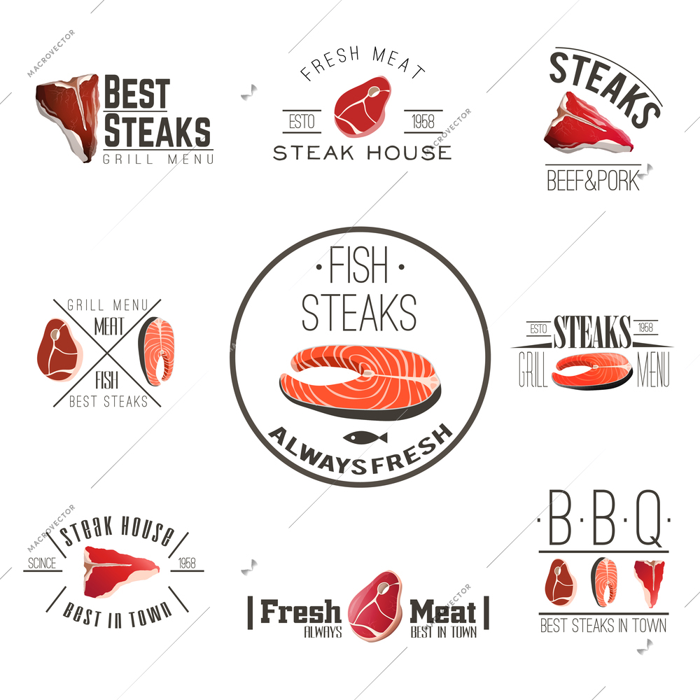 Best quality fresh meat fish steaks for bbq and grill steakhouse labels collection abstract vector isolated illustration